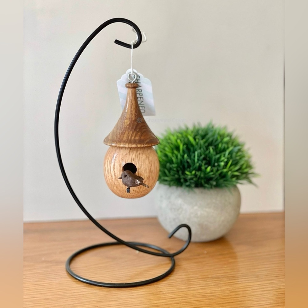 Decorative Wooden birdhouse with miniature brown bird and stand, Desktop decor